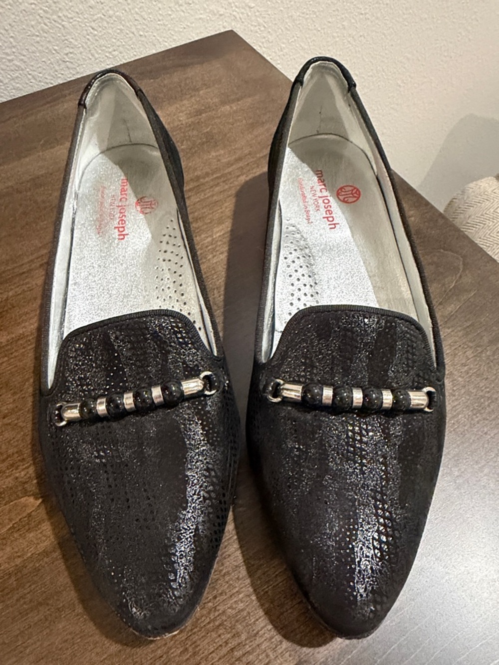 Marc Joseph Black Shimmer Pointed Loafers with Beaded Hardware